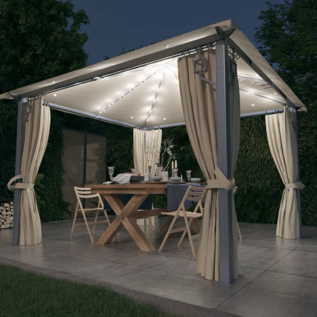 Prieel Met Gordijn Led-Lichtslinger 4X3 M Aluminium