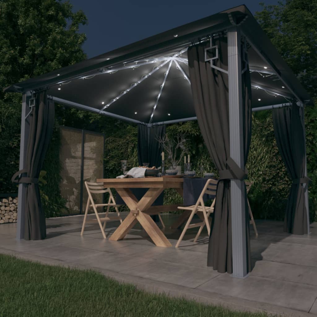 Prieel Met Gordijn Led-Lichtslinger 4X3 M Aluminium