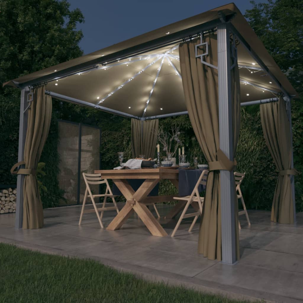 Prieel Met Gordijn Led-Lichtslinger 4X3 M Aluminium