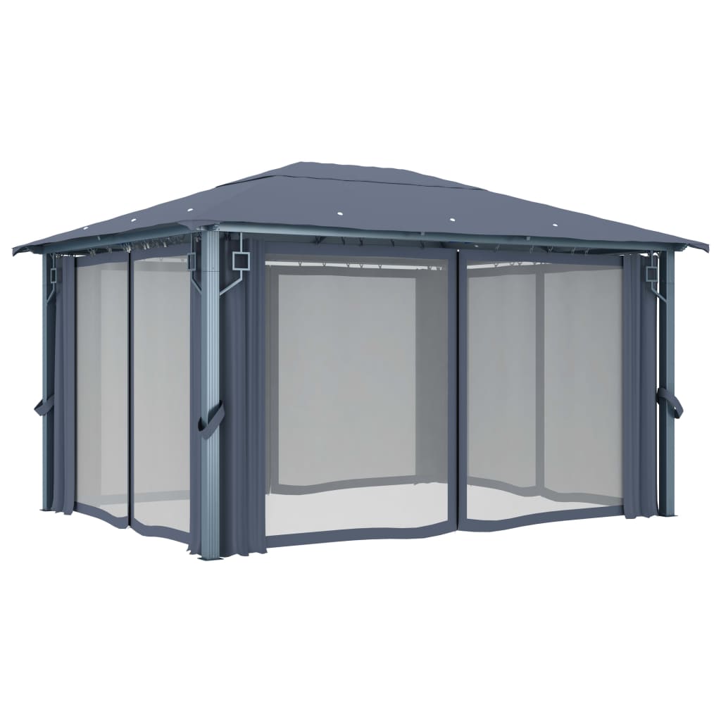 Prieel Met Gordijn Led-Lichtslinger 4X3 M Aluminium
