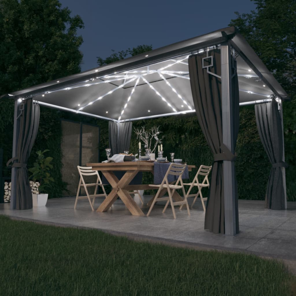 Prieel Met Gordijn Led-Lichtslinger 4X3 M Aluminium