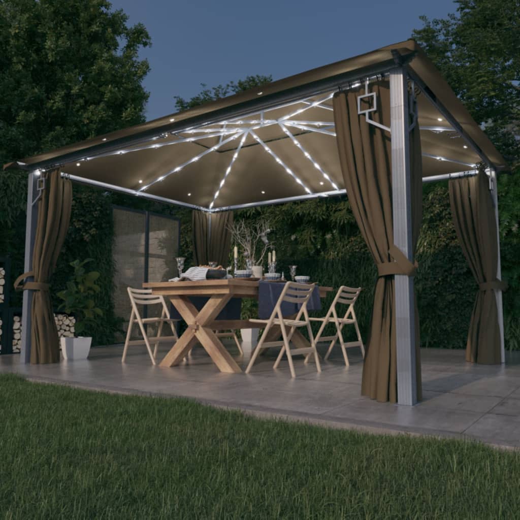 Prieel Met Gordijn Led-Lichtslinger 4X3 M Aluminium
