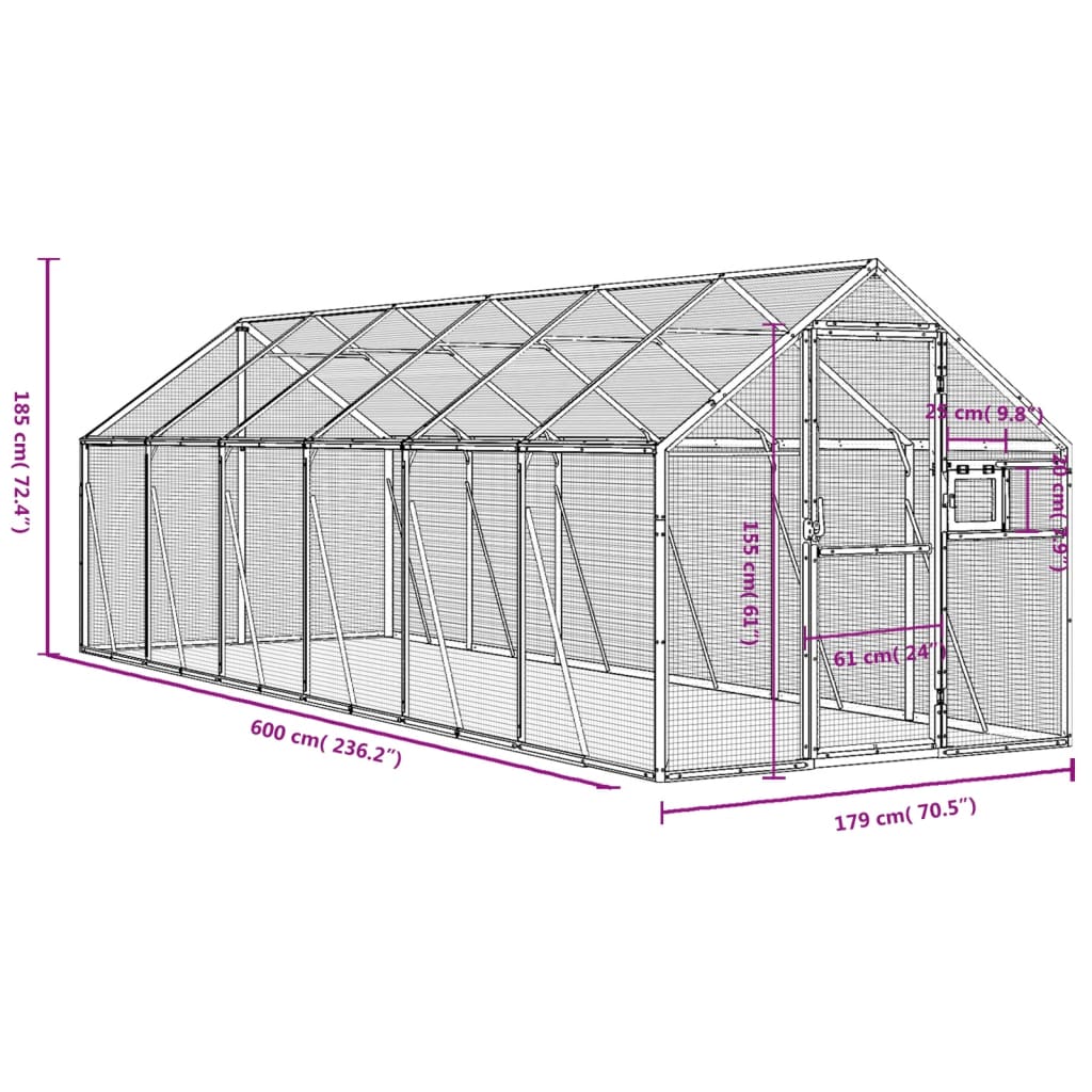 Volière 1,79X6X1,85 M Aluminium Kleurig