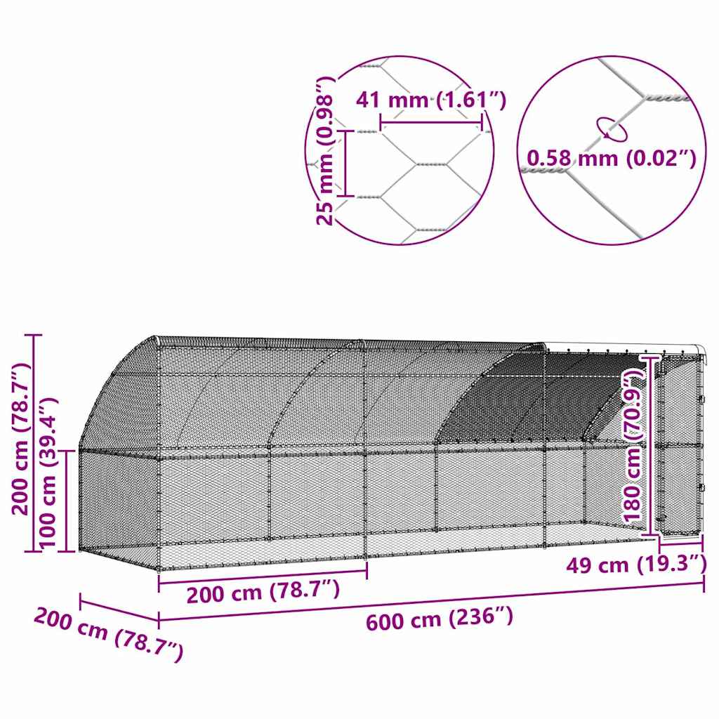 Kippenhok Met 3 St Zilver 600X200X200Cm Staal En Pe
